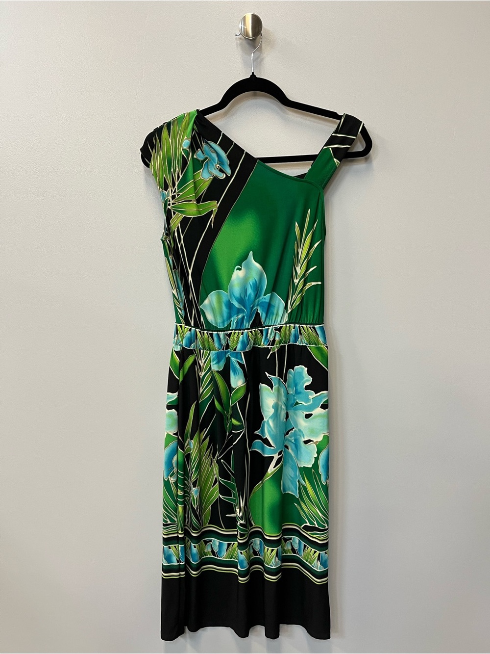 Cato Green, Turquoise and Black Floral One-Shoulder Dress